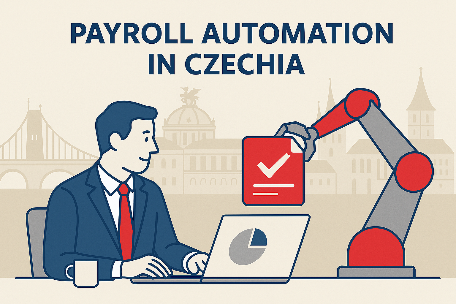 Payroll Automation in Czechia – Human and Robot Collaboration Illustration of Czech payroll automation in Czechia: robotic arm handing a compliance folder to a professional with Prague skyline