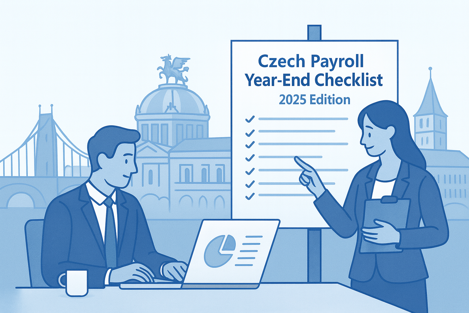 Czech Payroll Year-End Checklist — Prague payroll illustration showing HR and Finance finalizing filings, controls, GDPR and handover