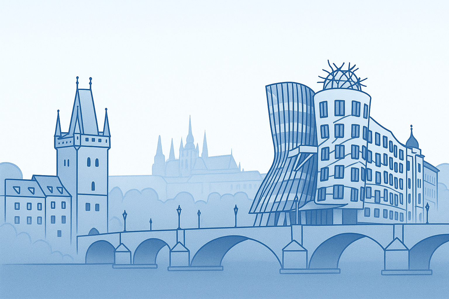 Minimal Prague skyline line art hero banner for net salary vs take-home