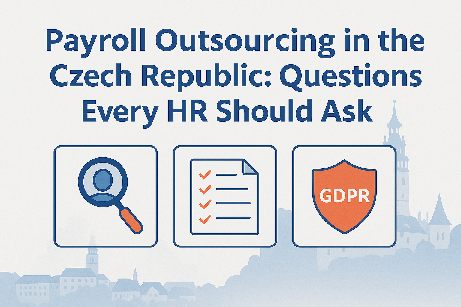 Infographic on Payroll Outsourcing Czech Republic with icons for SLA, checklist, and GDPR, Český Krumlov skyline in background