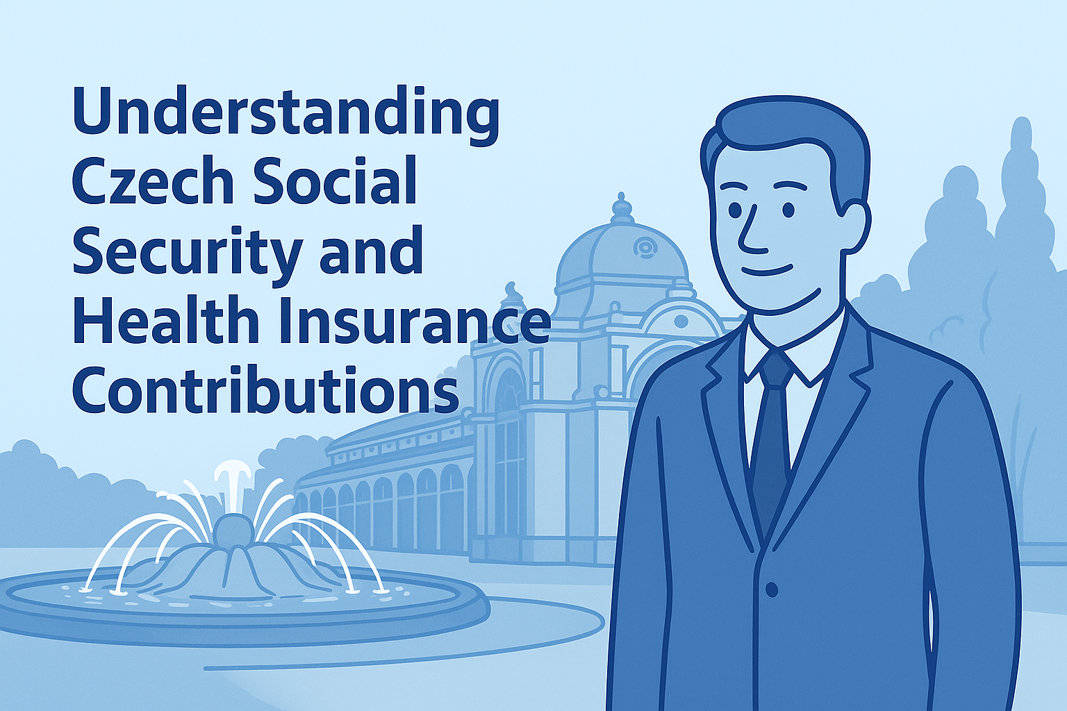 Wide banner illustration of Mariánské Lázně colonnade with a professional character, visual for Czech Social Security and Health Insurance Contributions article
