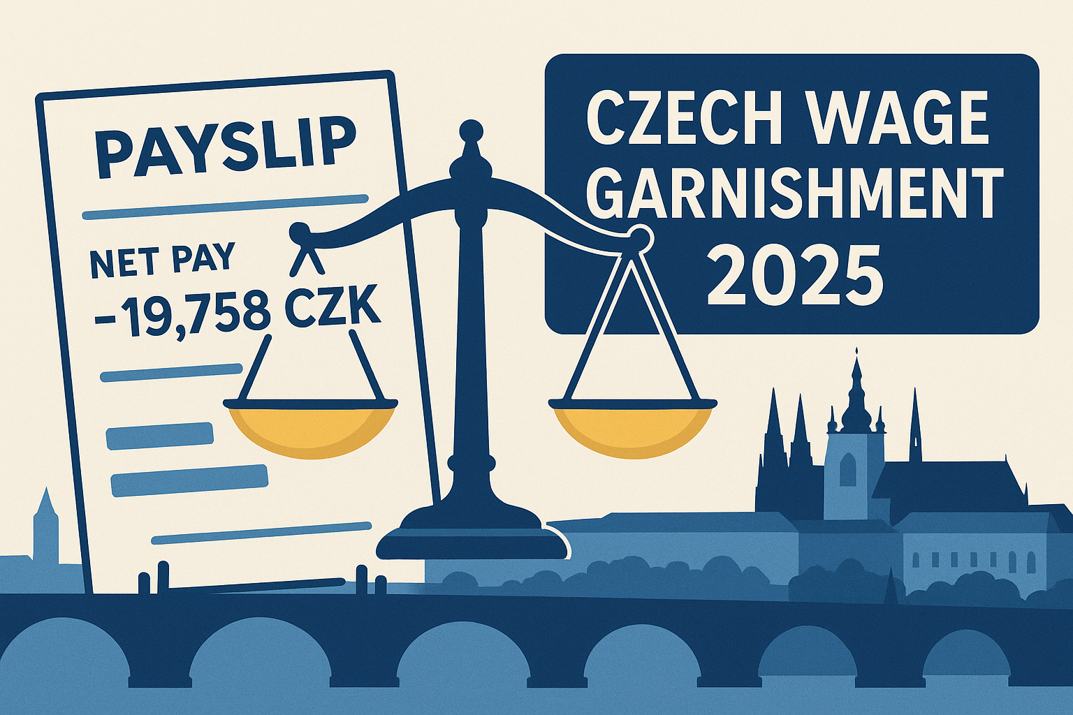 Illustration of Czech wage garnishment 2025 — payslip and justice scales in blue tones.