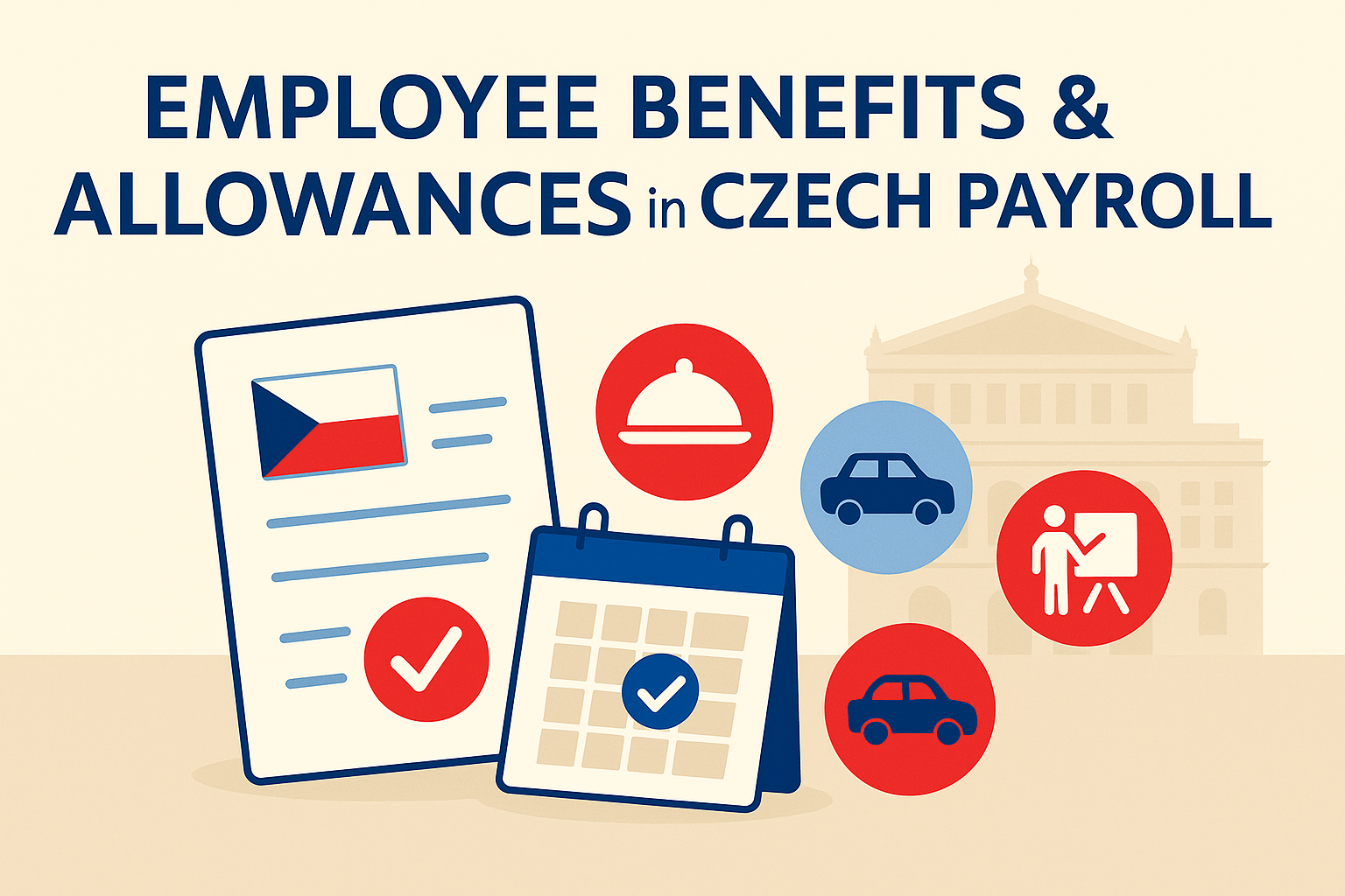 Employee benefits and allowances in Czech payroll — banner with payroll document, calendar, and benefit icons in Czech colors with Prague landmark silhouette.