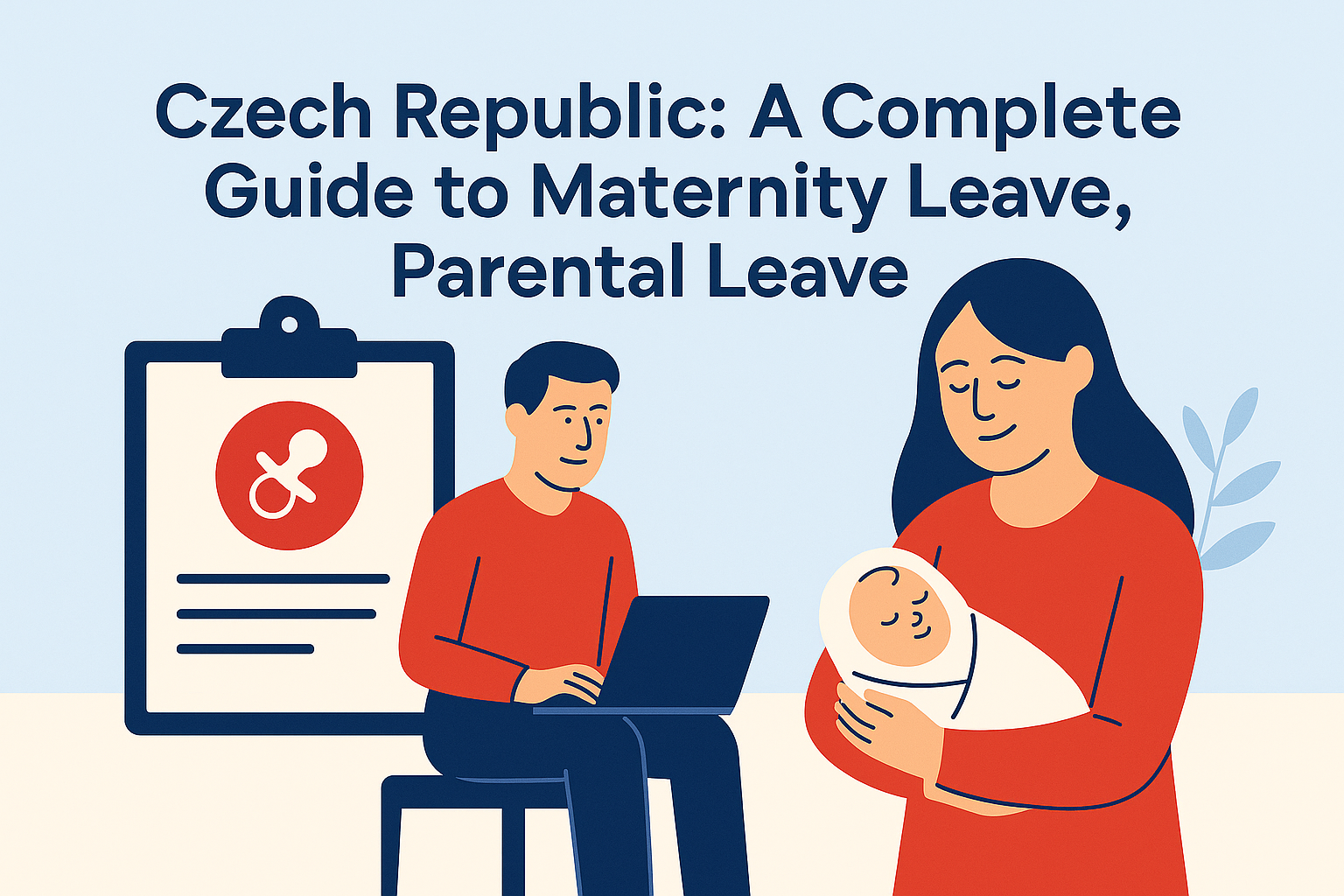 Flat illustration of Czech maternity, paternity and parental leave — mother holding newborn, father working on laptop, clipboard icon.