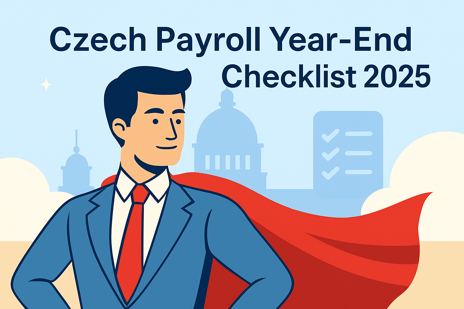 Czech Payroll Year-End Checklist 2025 – illustration with checklist and Prague skyline