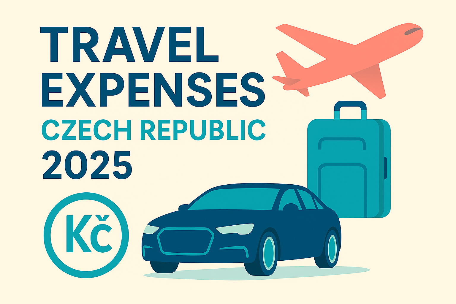Czech travel expenses 2025 — suitcase, airplane and Czech icons