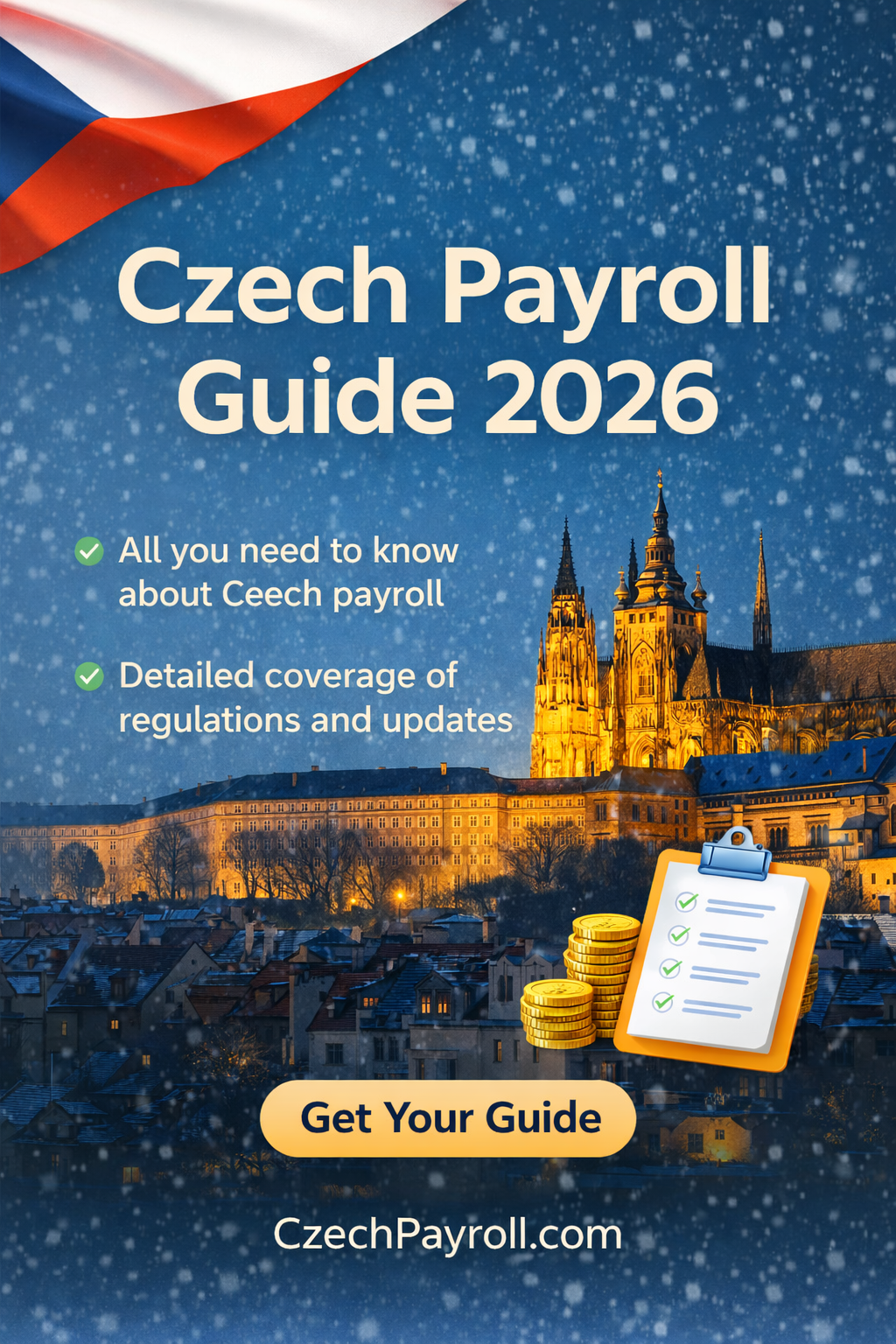 Czech Payroll Guide 2026 — Prague Castle at sunset with CzechPayroll.com design