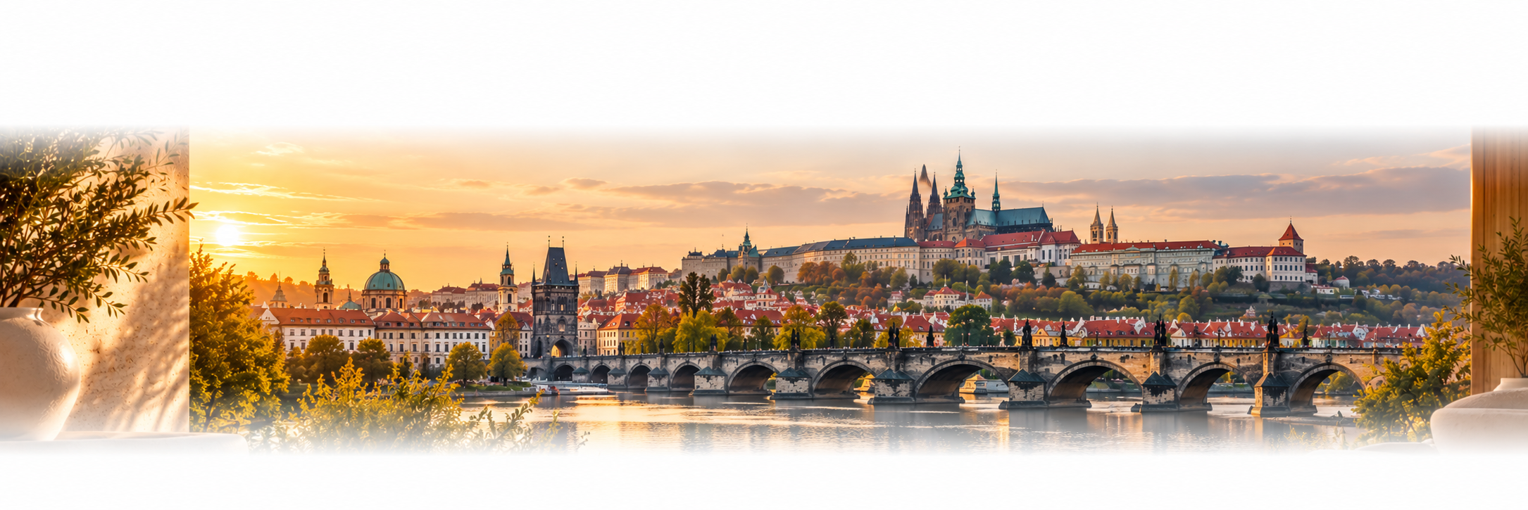 Prague Castle and Charles Bridge at golden hour