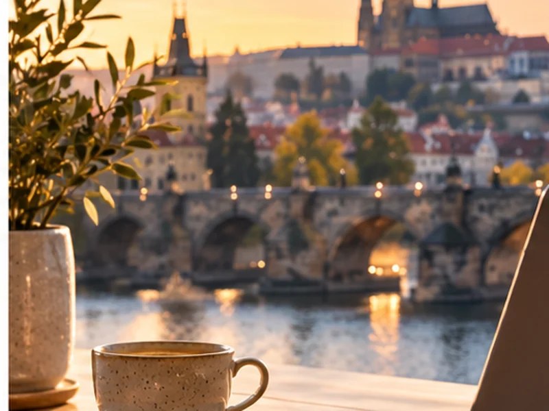Prague workspace with laptop and coffee